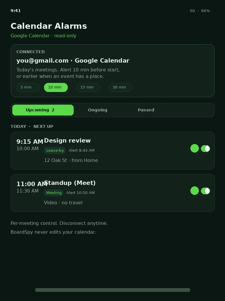 BoardSpy Calendar Alarms — leave-by for places and meeting alarms for video calls