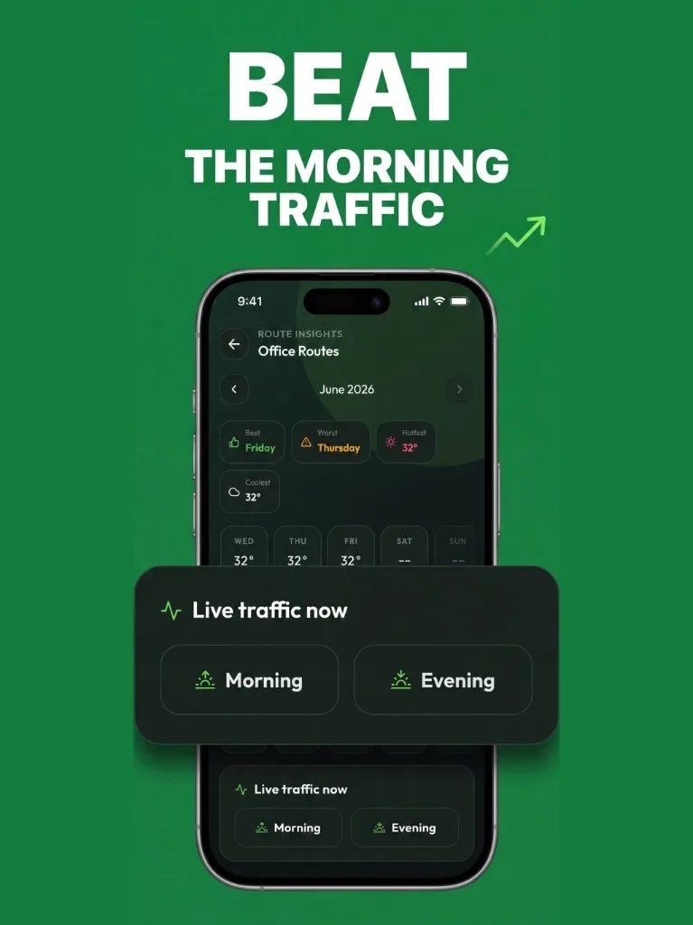 BoardSpy app on a phone: route insights with live morning and evening traffic for Office Routes