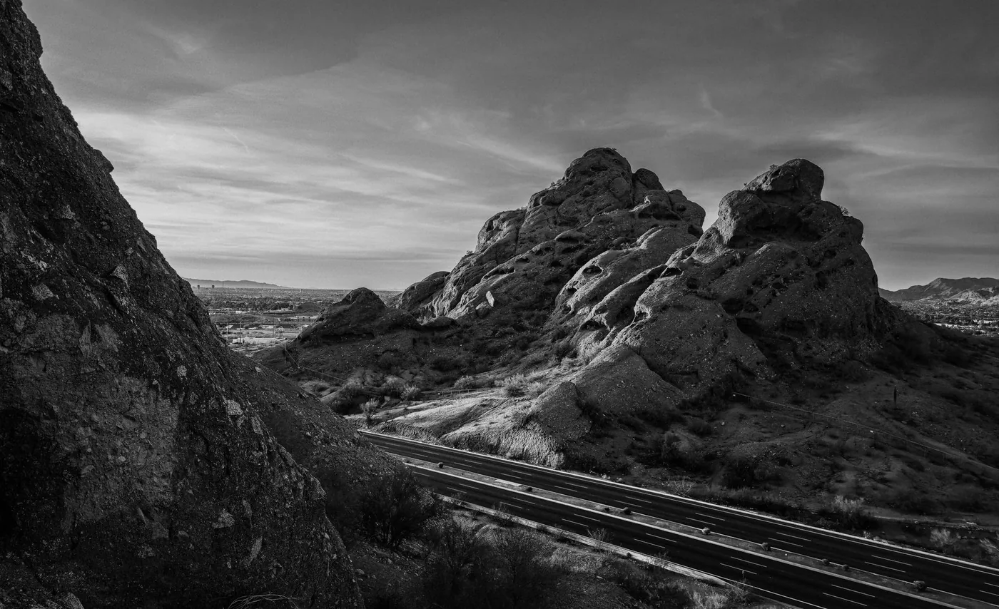 Stunning black and white photo of Arizona's iconic rock formations near Phoenix.