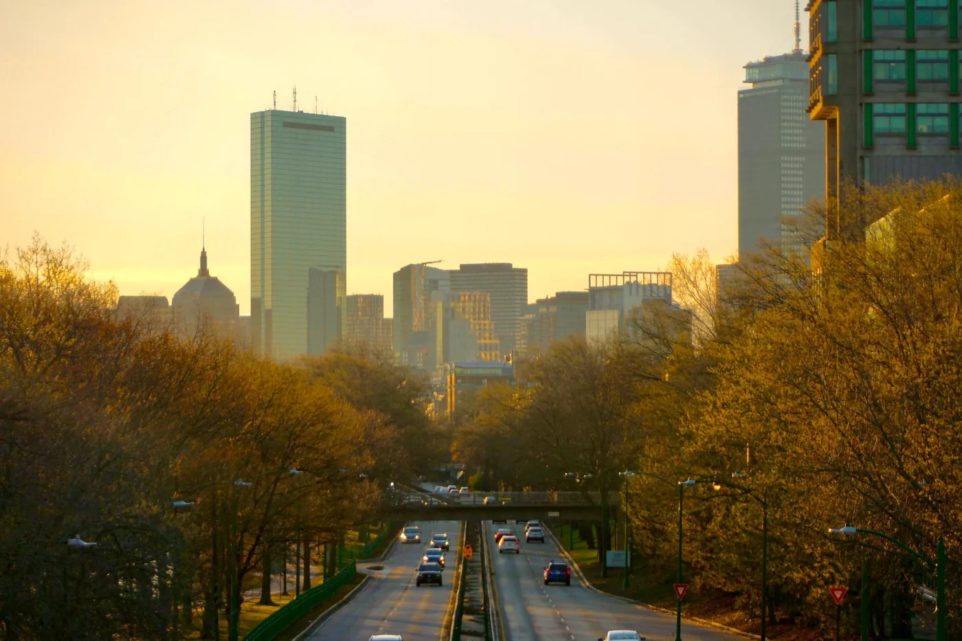 Sunset view of Boston skyline with Prudential Tower and John Hancock Tower in springtime.