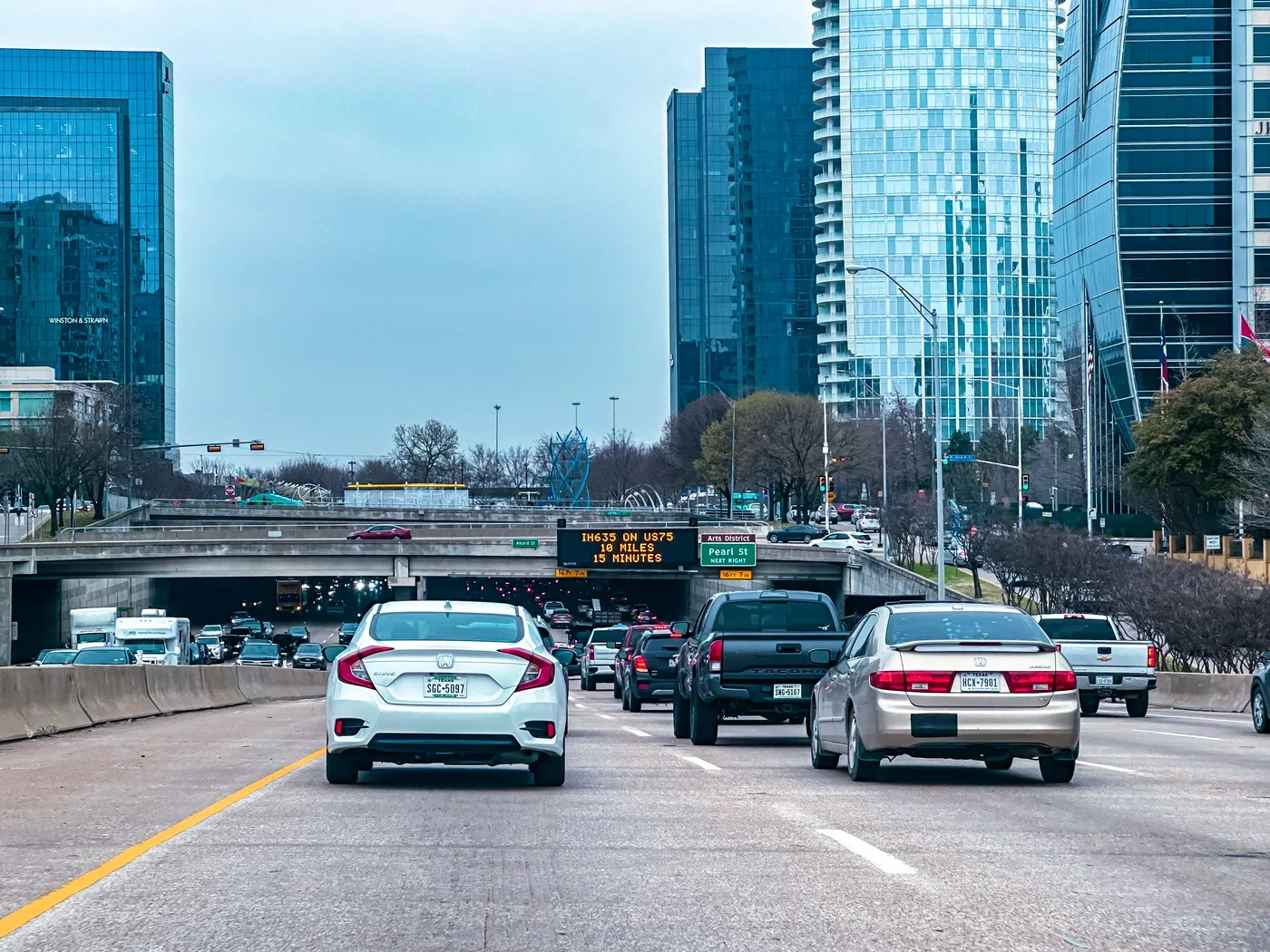 Rush hour traffic on a Dallas freeway near downtown