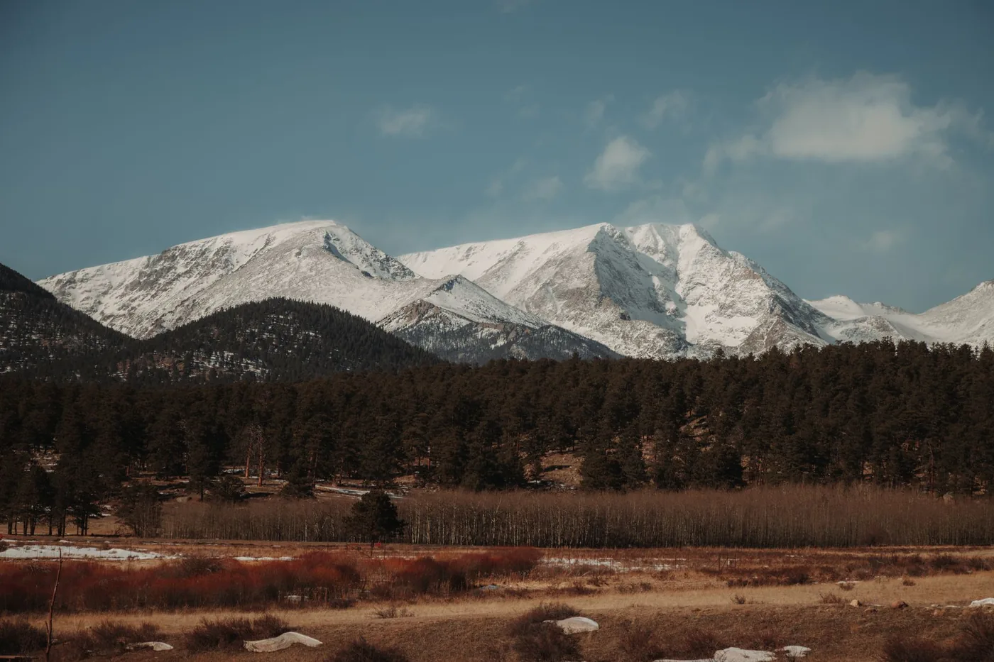 Stunning snow-covered Rocky Mountains with evergreen forest in winter landscape.