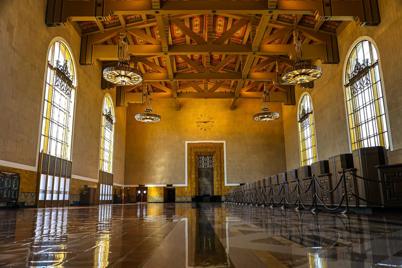 Elegant interior hall of Union Station in Los Angeles, showcasing its architectural beauty and historic charm.