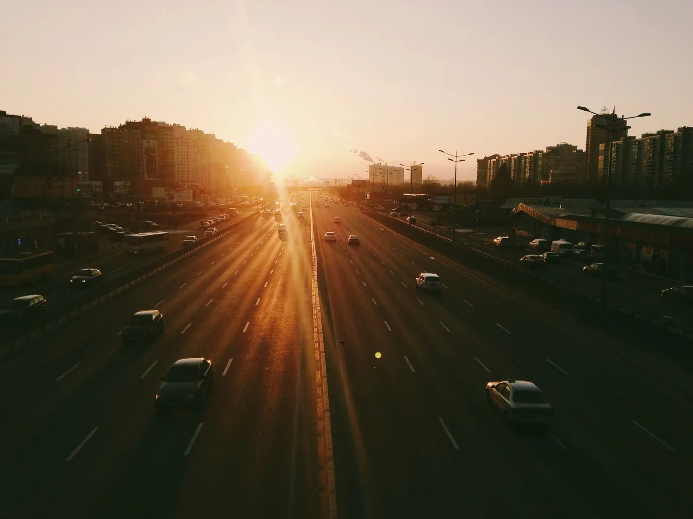 Morning rush-hour traffic on a multi-lane highway