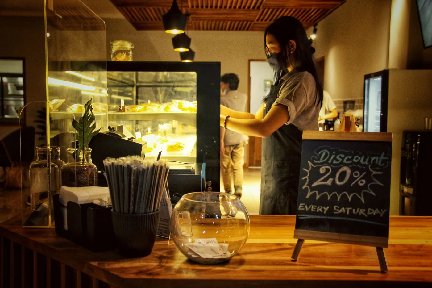 Local cafe counter with fresh food and drink offers